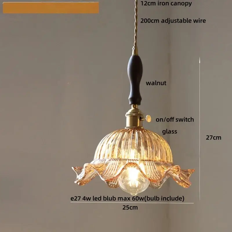 DecorBites amber glass LED pendant light with warm ribbed amber glass, walnut iron canopy, and brass hardware