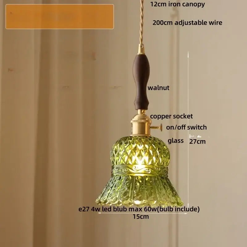Green glass pendant light with walnut handle and copper socket for decorbites amber glass led modern nordic lamp