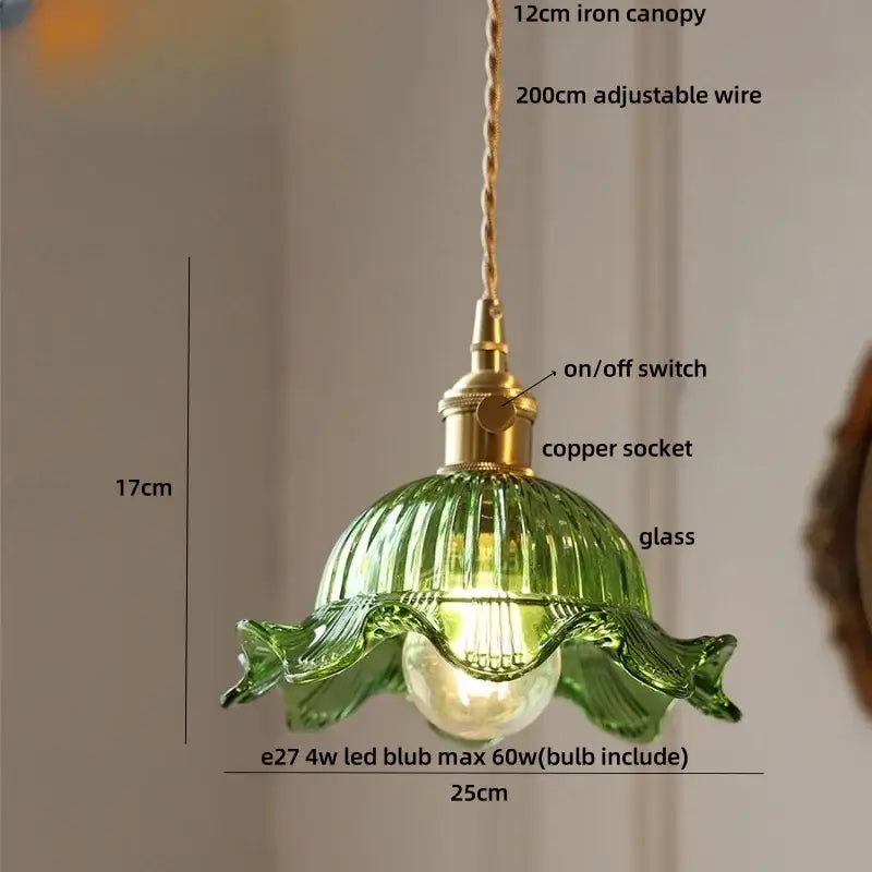 Green ribbed glass pendant light with brass fixture and adjustable copper wire suspension from decorbites amber glass led collection