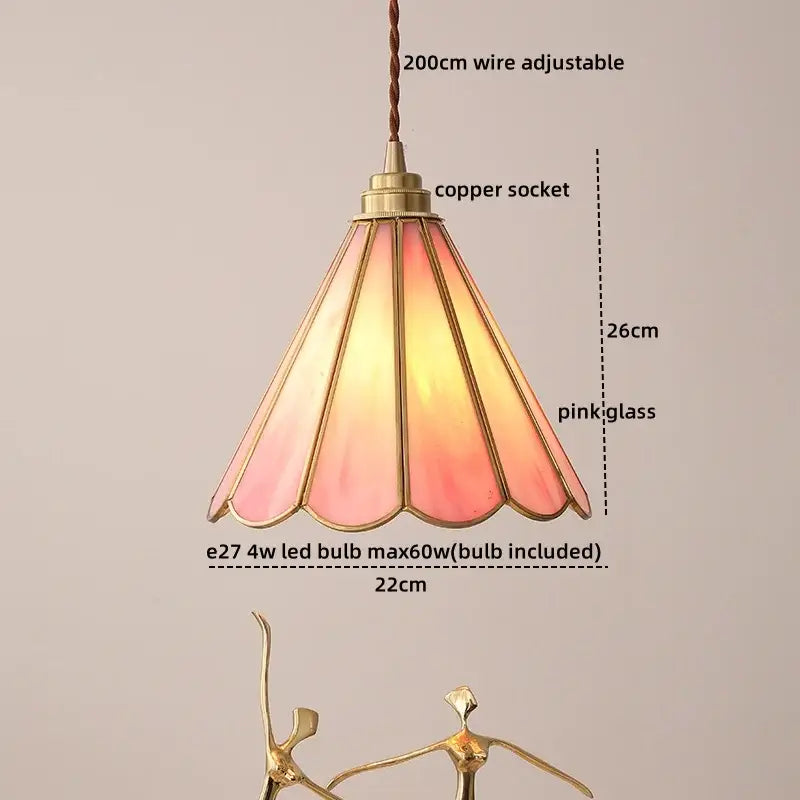 Decorbites™ amber glass led pendant light with delicate pink stained glass and copper suspension for home lighting
