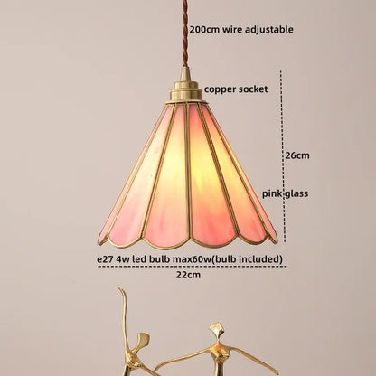 Decorbites™ amber glass led pendant light with delicate pink stained glass and copper suspension for home lighting