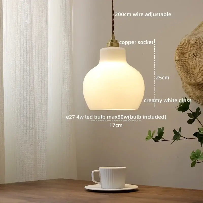 Creamy white glass led pendant light with copper socket and 200cm adjustable wire by DecorBites™ for modern home use