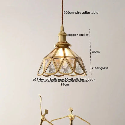 DecorBites™ amber glass led pendant light with vintage brass frame floral etched clear panels nordic modern copper suspension