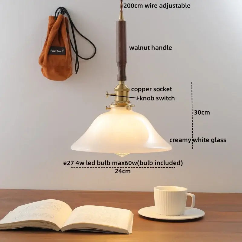 Vintage-style pendant light with walnut handle, brass copper socket, and creamy white glass shade by decorbites amber glass led