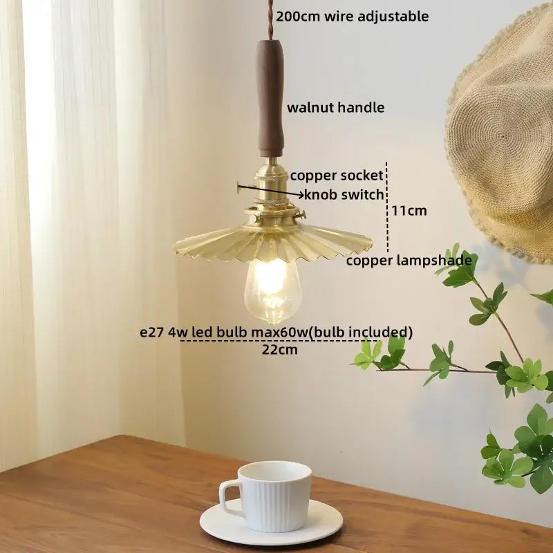 DecorBites amber glass pendant light with fluted copper shade, walnut handle, and e27 led bulb for dining room
