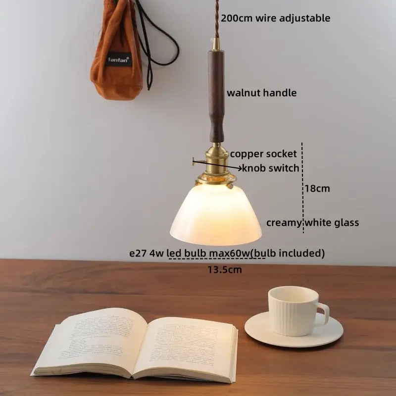 DecorBites amber glass pendant light with warm creamy white glass, brass copper socket, and walnut handle for living room