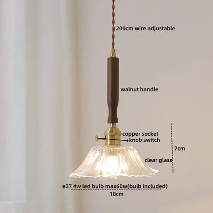 DecorBites amber glass led pendant light with walnut handle copper socket and clear amber glass shade for dining room