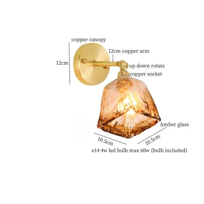 DecorBites™ amber glass led wall lamp with polished copper arm and up-down rotating socket for adjustable lighting