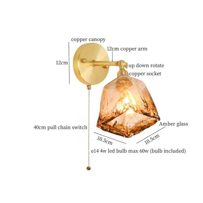 Decorbites amber glass led wall lamp with warm amber glass and copper canopy featuring up-down rotating socket