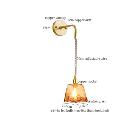 Copper wall lamp with amber glass shade and adjustable wire for bedroom minimalistic led wall lighting by DecorBites