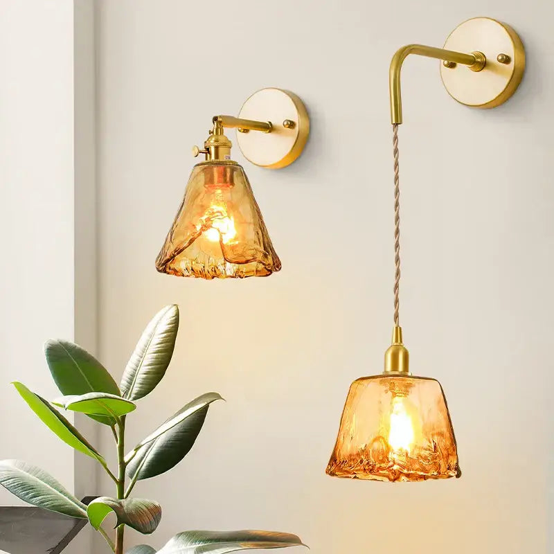 Brass-finished decorbites™ amber glass led wall lamp with textured shades for bedroom minimalistic copper lighting