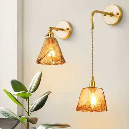 Brass-finished decorbites™ amber glass led wall lamp with textured shades for bedroom minimalistic copper lighting