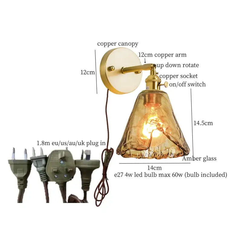 Decorbites amber glass led wall lamp with copper adjustable arm and amber glass shade for bedroom lighting