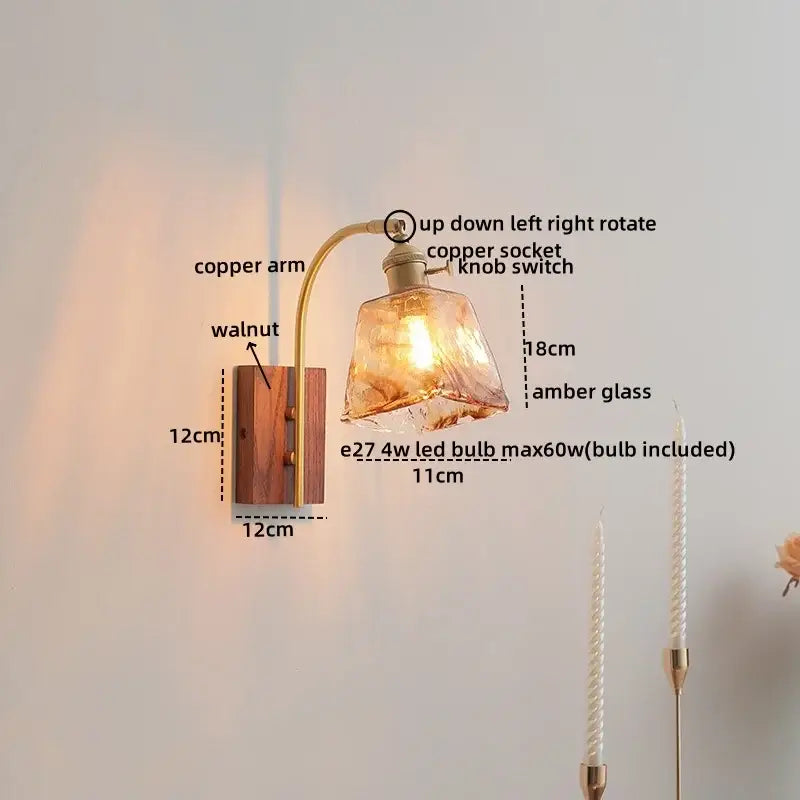 DecorBites amber glass led wall lamp with warm amber glass, curved copper arm, and walnut wood base for modern decor