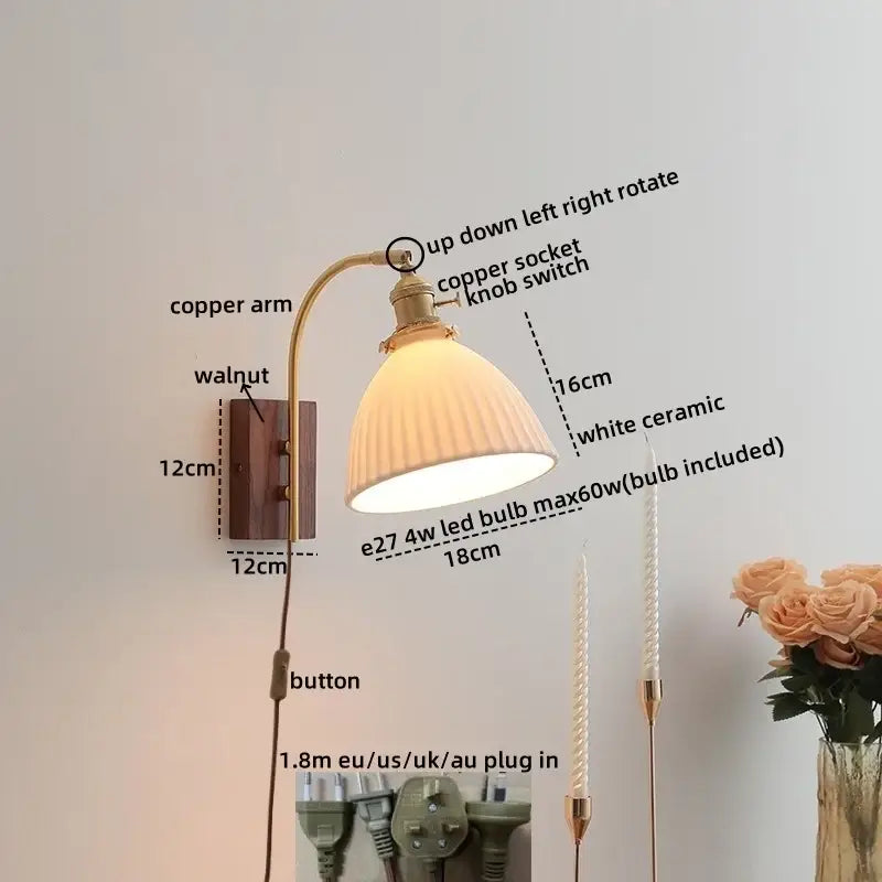 DecorBites amber glass wall lamp with curved copper arm walnut wood base and white ceramic shade for modern Nordic decor