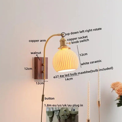 Copper-arm wall lamp with ribbed white ceramic shade and walnut plate for decorbites amber glass led modern home decor