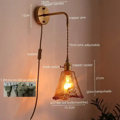 DecorBites amber glass led wall lamps with warm amber glass shade copper arm and adjustable wire for living room lighting
