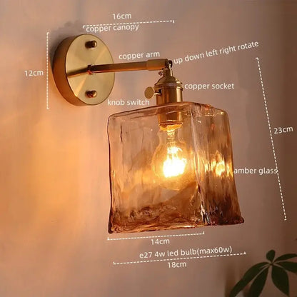 Copper-finished wall lamp with textured amber glass shade decorbites amber glass led for living room and bathroom lighting