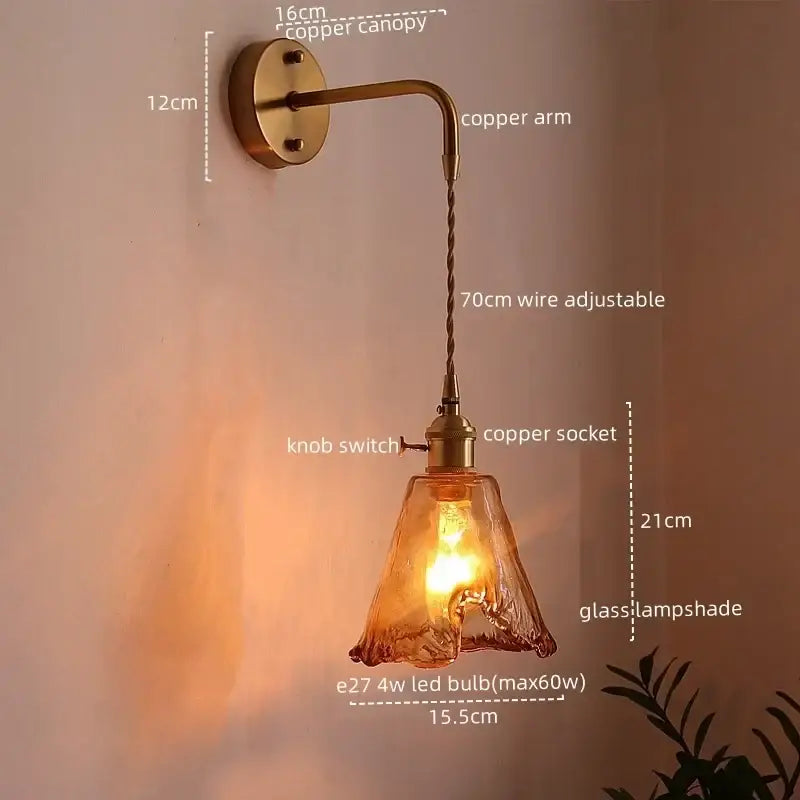 Copper wall lamps with twisted wire arm brass canopy and decorbites amber glass led amber-tinted lampshade for living room and bathroom lighting