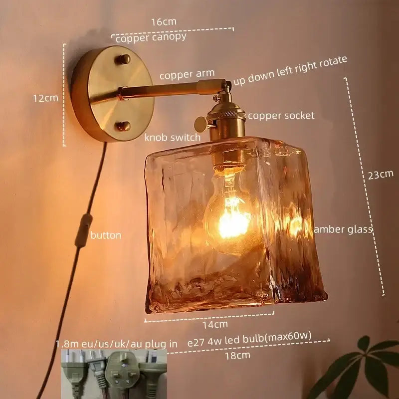 Warm amber glass led wall lamp with textured hand-blown finish and polished copper hardware by DecorBites amber glass