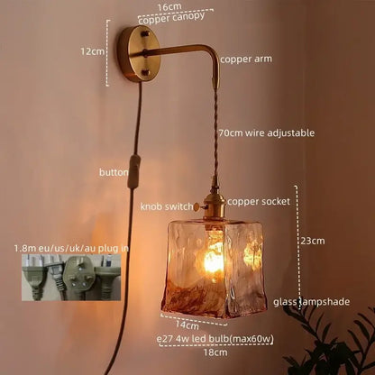 Copper wall lamp with textured amber glass led shade and adjustable arm for DecorBites amber glass lighting