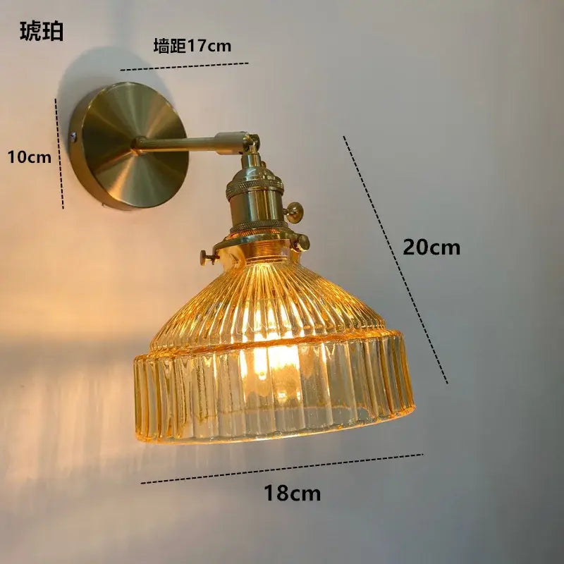 DecorBites™ vintage-style brass wall light fixture with ribbed amber glass shade and on off switch Nordic modern sconce