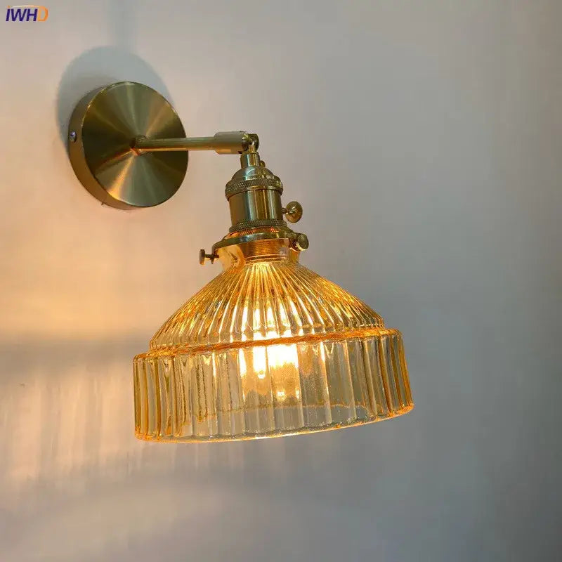 DecorBites amber glass wall light fixture with ribbed amber glass and brass finish for adjustable modern lighting