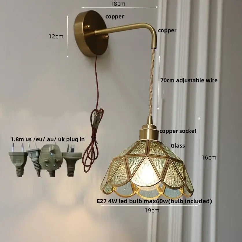 Vintage-style copper wall light with faceted amber glass shade DecorBites™ LED wall light for bedroom and staircase