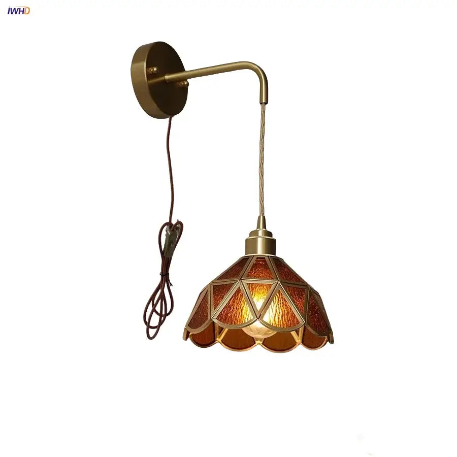 DecorBites amber glass led wall light with antique brass sconce and amber stained glass shade for bedroom and staircase