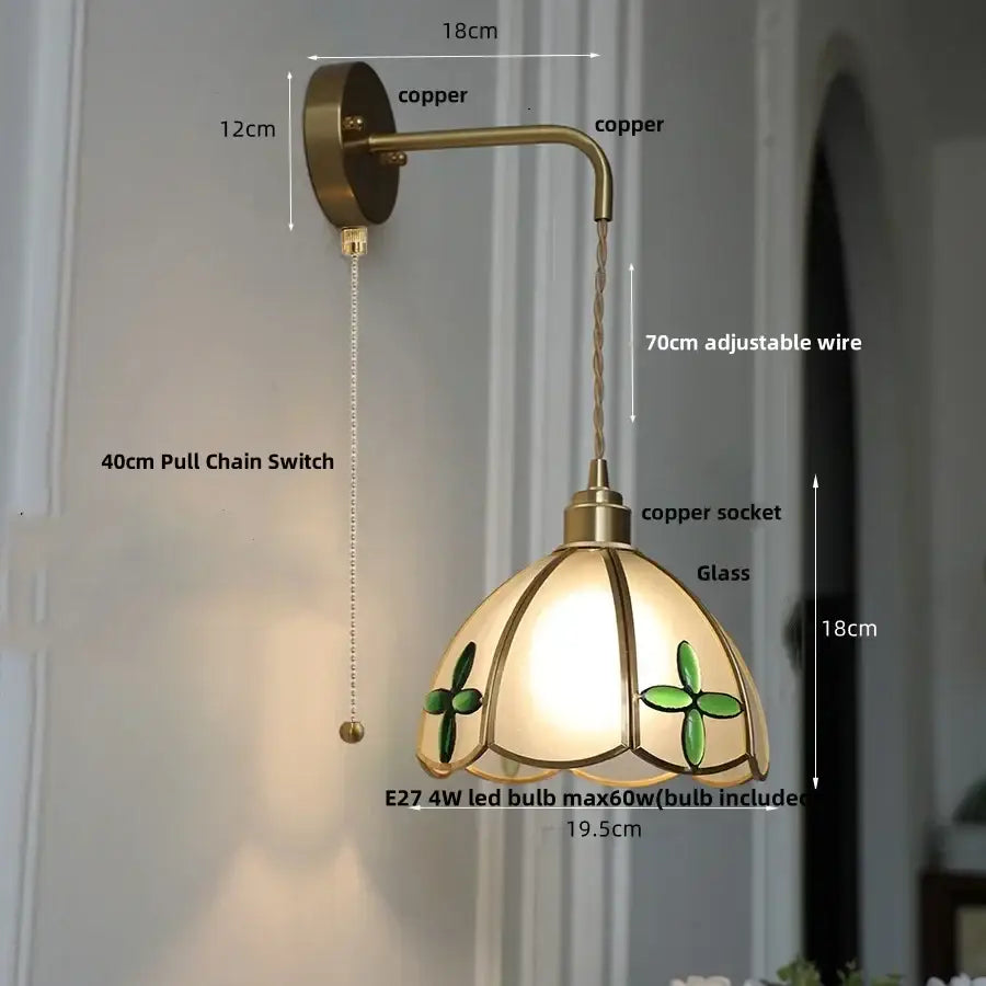 Antique brass-finished led wall light with green clover stained glass shade and adjustable copper wire by DecorBites for bedroom