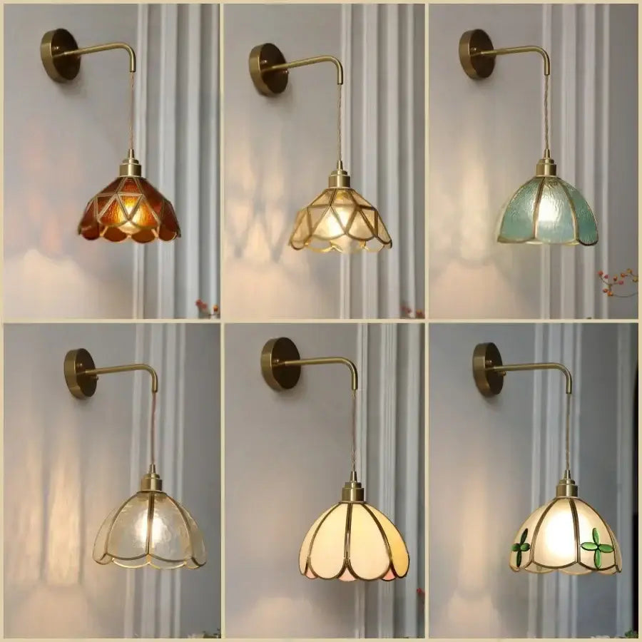 Six vintage-style brass wall sconces with amber cream and mint stained glass shades led wall light for bedroom