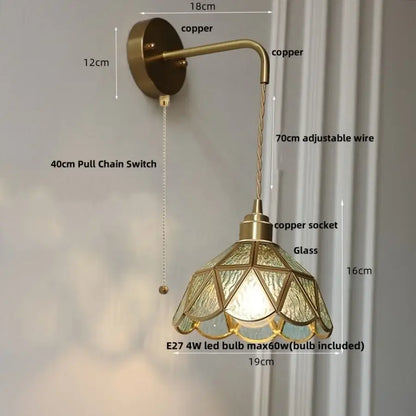 Antique brass-finished DecorBites amber glass led wall light with textured geometric glass shade for bedroom and staircase