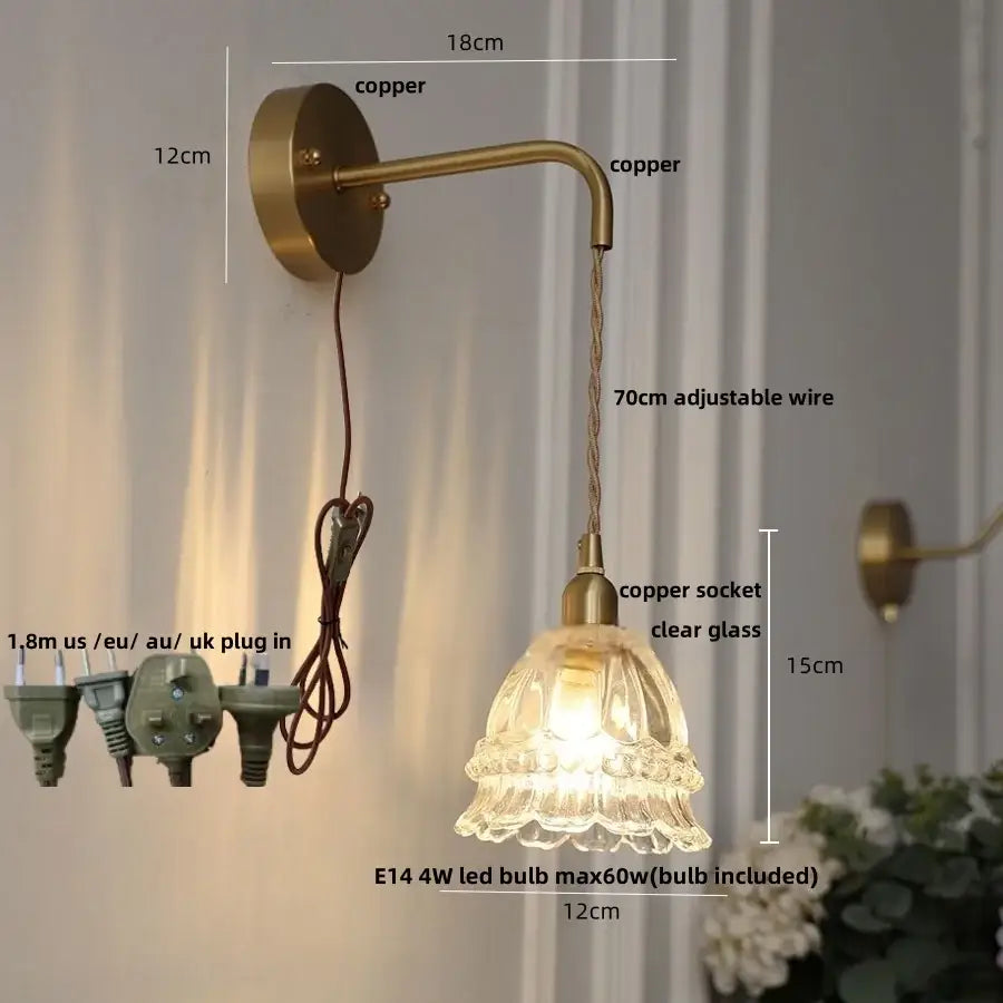 Vintage-style copper wall light with decorbites amber glass led fluted shade and adjustable 70cm wire pull chain switch