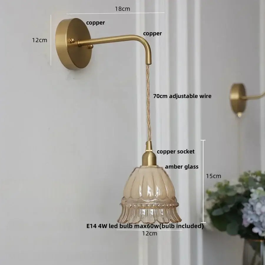DecorBites amber glass led wall light with vintage copper sconce and fluted amber glass shade with adjustable wire