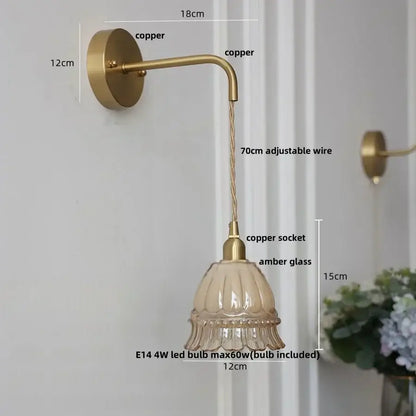 DecorBites amber glass led wall light with vintage copper sconce and fluted amber glass shade with adjustable wire