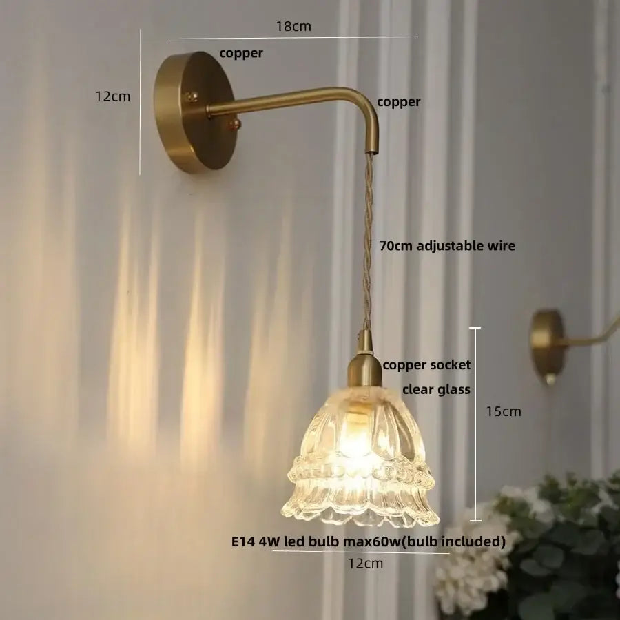 Brass-finished copper decorbites amber glass led wall light with clear fluted glass shade and adjustable 70cm wire