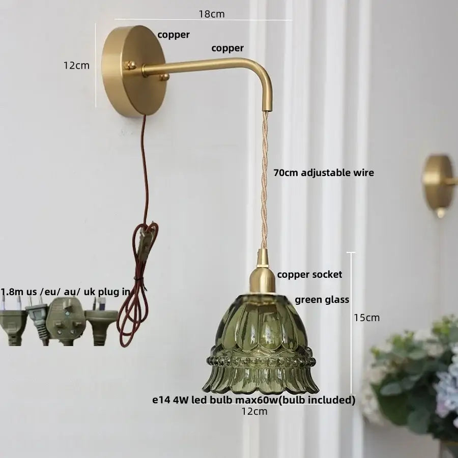 DecorBites amber glass led wall light with brass copper finish, adjustable wire, and green glass shade flower sconce
