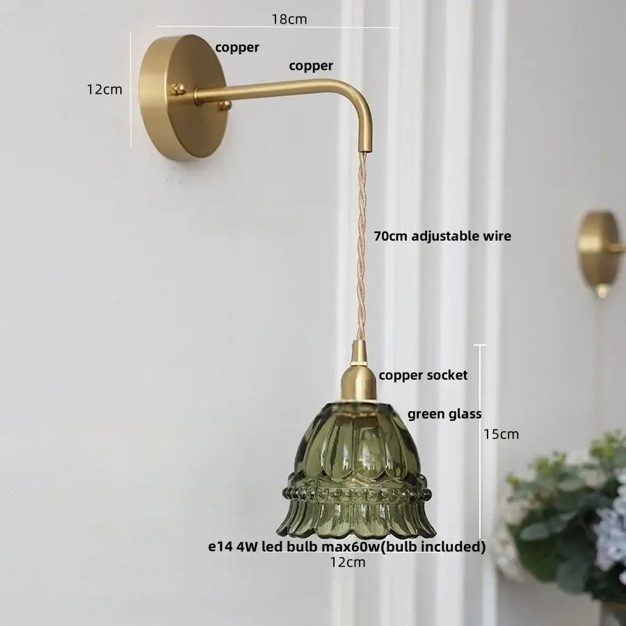 Vintage-style wall light with copper arm and green fluted glass shade featured in decorbites amber glass led sconce