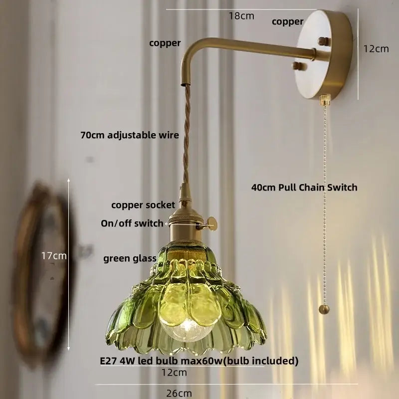Vintage-style DecorBites amber glass wall light with copper sconce and green petal-shaped glass shade for LED lighting