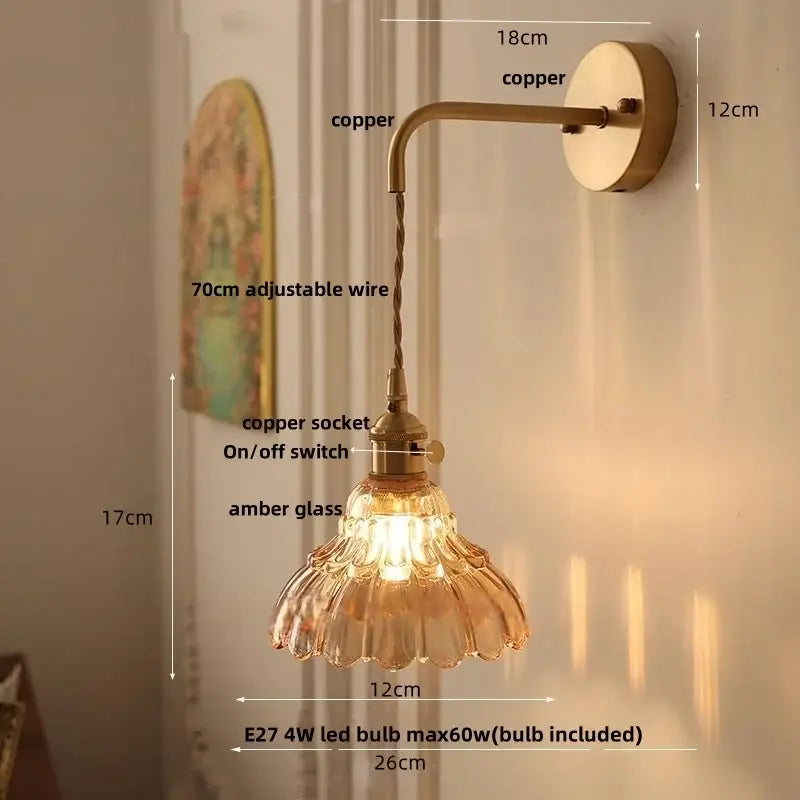 Copper wall light with decorbites amber glass led fluted shade and adjustable 70cm wire pull chain switch modern sconce