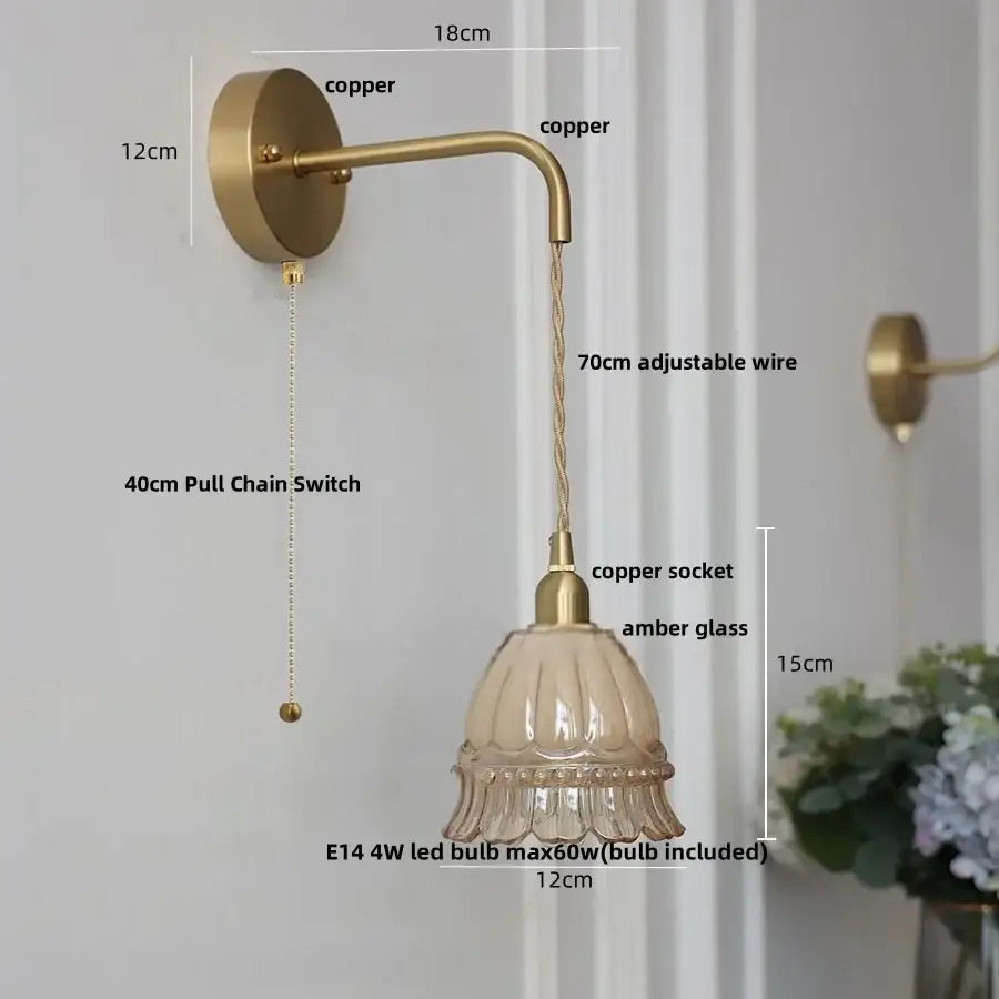 DecorBites amber glass led wall light with vintage copper sconce, fluted amber glass shade, and 70cm adjustable wire