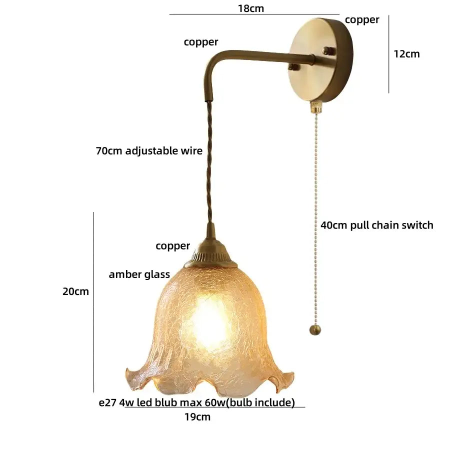Antique brass-finished copper wall lights with textured amber glass led shade and adjustable wire by decorbites amber glass