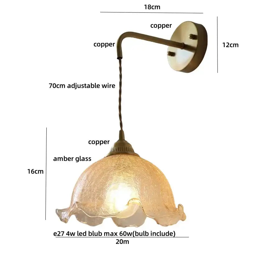 Antique brass copper wall sconce with textured amber glass shade for DecorBites amber glass LED wall lights decor