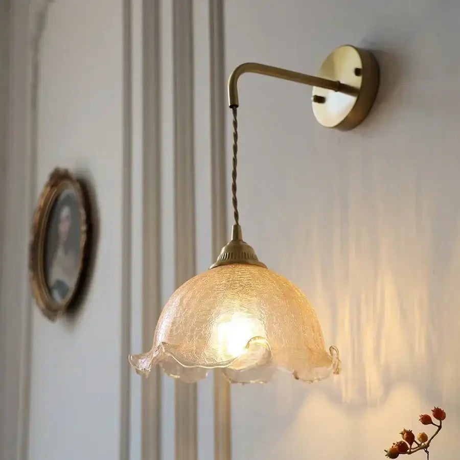 Decorbites amber glass led wall lights with warm-toned textured ruffled shade and brass-finished metal arm for home décor