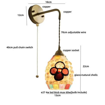 DecorBites amber glass wall lights with copper finish and seashell-adorned ornate glass shade amber glass LED sconce