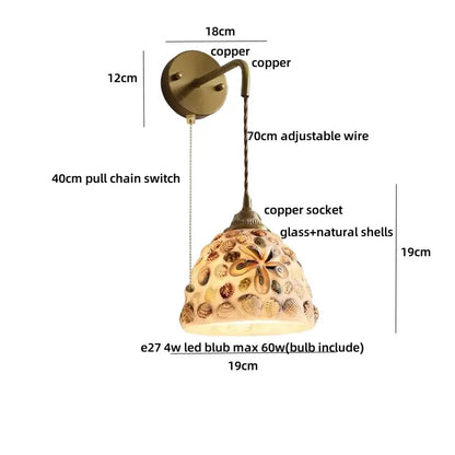 Decorbites amber glass LED wall lights with decorative copper sconce glass shade featuring seashells and floral design
