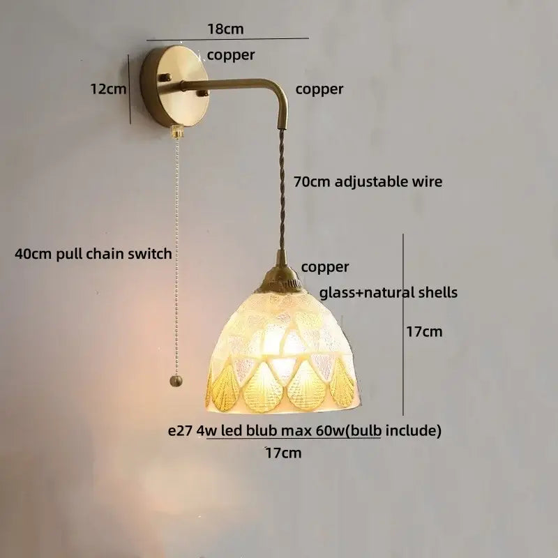 Antique brass-finished DecorBites amber glass LED wall lights with frosted shell-patterned glass shade for home décor