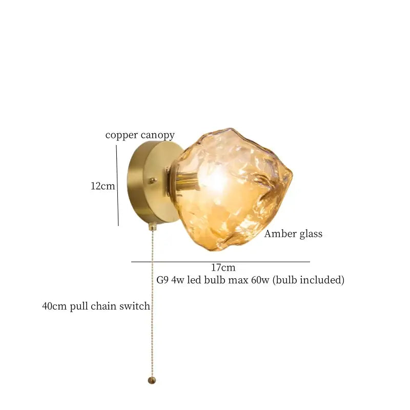 Decorbites amber glass led wall lights featuring a warm amber glass sconce with copper canopy and pull chain switch