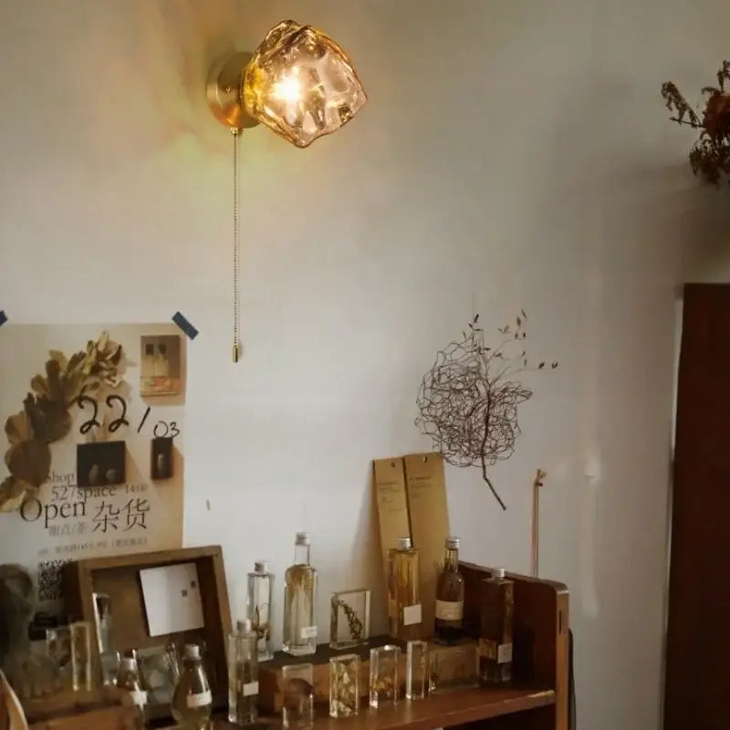Golden faceted decorbites amber glass led wall lights with brass fixture and pull chain for vintage japanese home decor