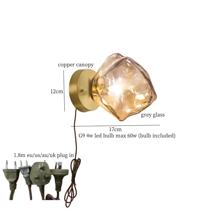 A modern wall light from DecorBites amber glass led featuring a polished copper canopy and grey glass shade